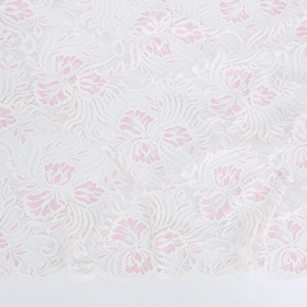 Embroidered Double Sided Border Stretch Lace Fabric 6014 Ivory/Roseate