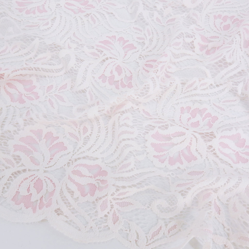 Embroidered Double Sided Border Stretch Lace Fabric 6014 Ivory/Roseate