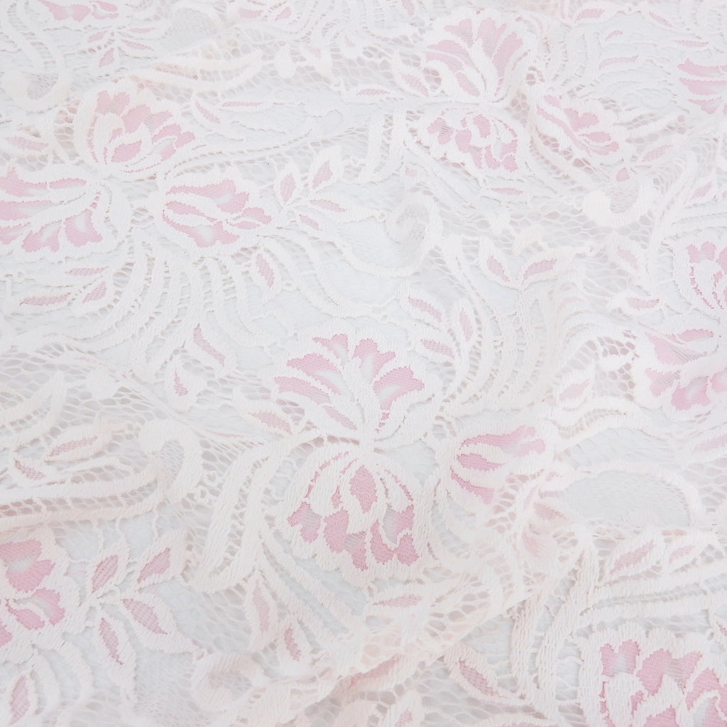 Embroidered Double Sided Border Stretch Lace Fabric 6014 Ivory/Roseate