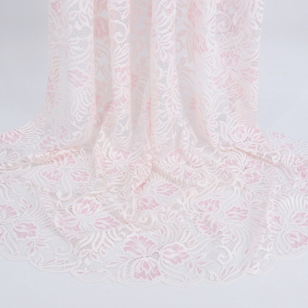Embroidered Double Sided Border Stretch Lace Fabric 6014 Ivory/Roseate