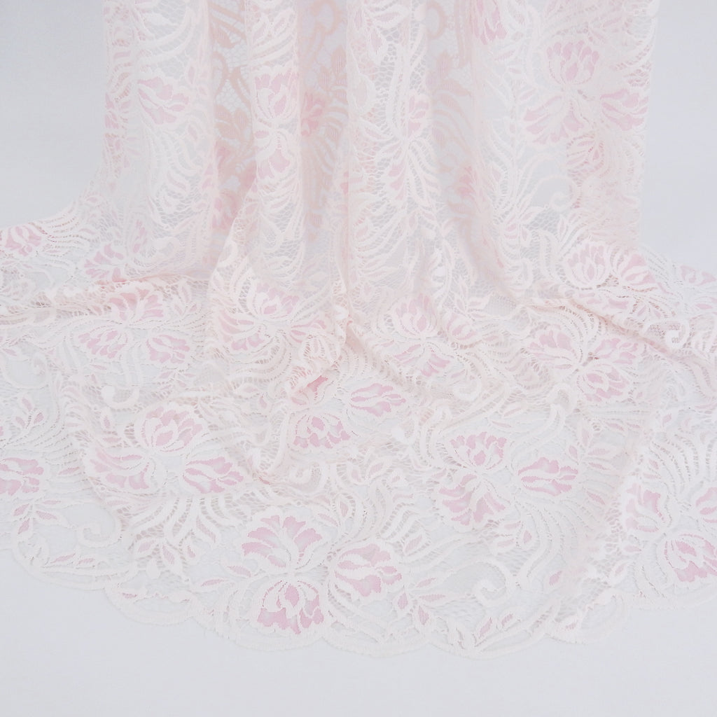 Embroidered Double Sided Border Stretch Lace Fabric 6014 Ivory/Roseate