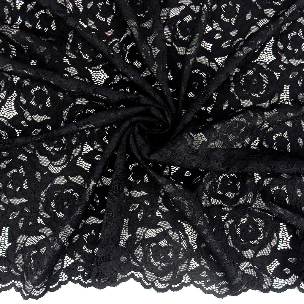 Embroidered Double Sided Border Stretch Lace Fabric 7395 Black