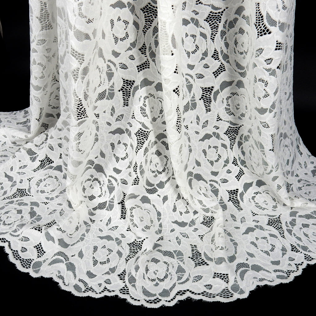 Embroidered Double Sided Border Stretch Lace Fabric 7395 Ivory