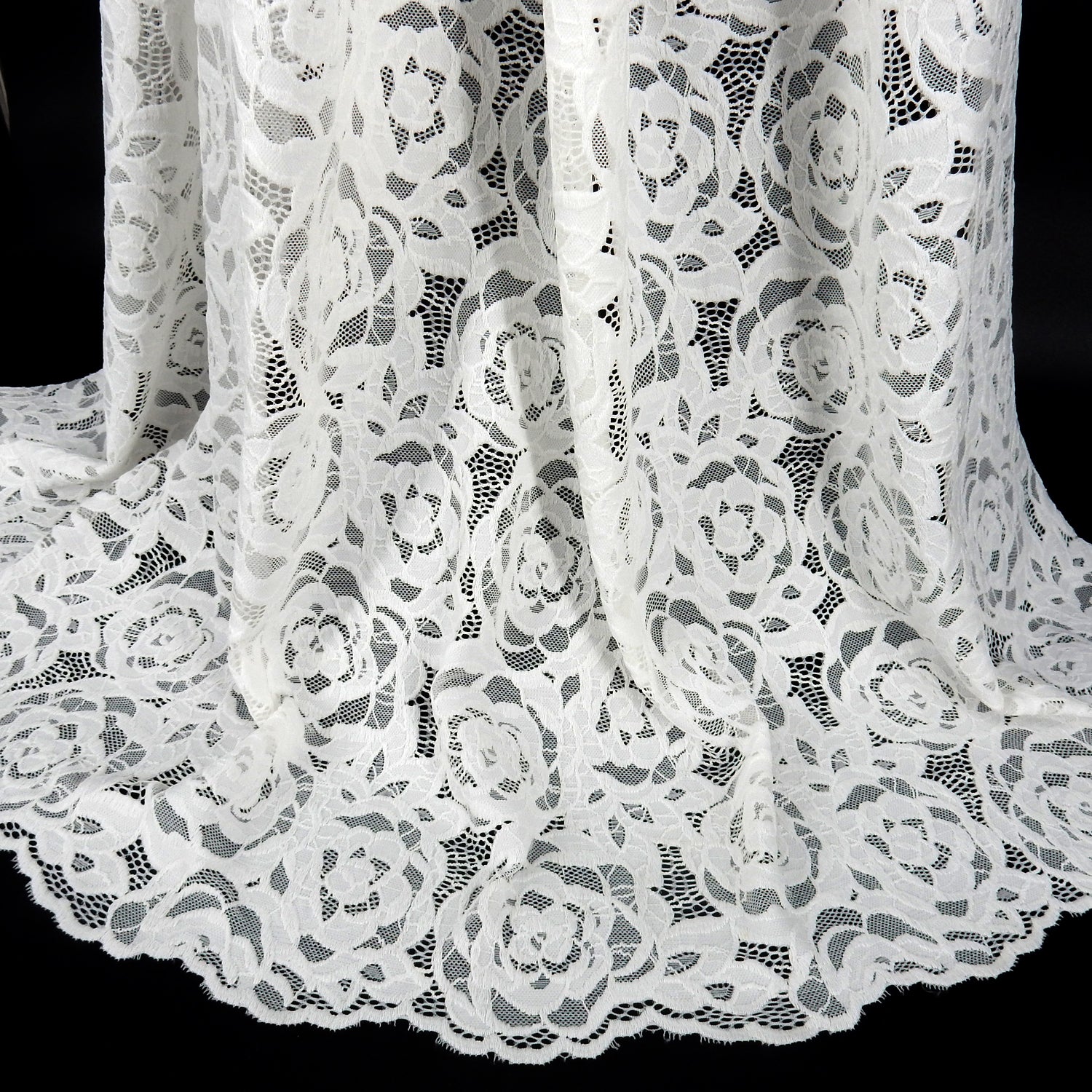 Embroidered Double Sided Border Stretch Klauber Lace Fabric 7395 Ivory