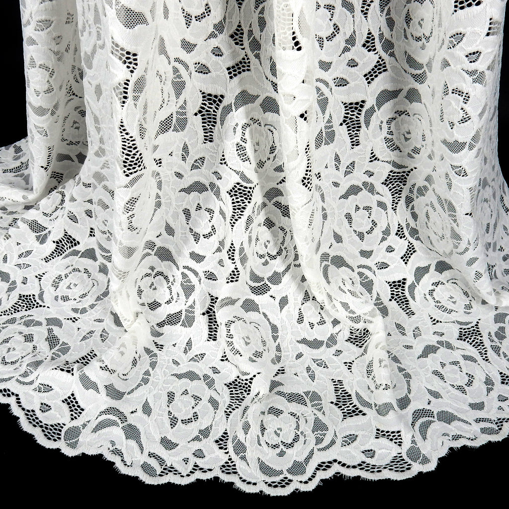 Embroidered Double Sided Border Stretch Lace Fabric 7395 Ivory