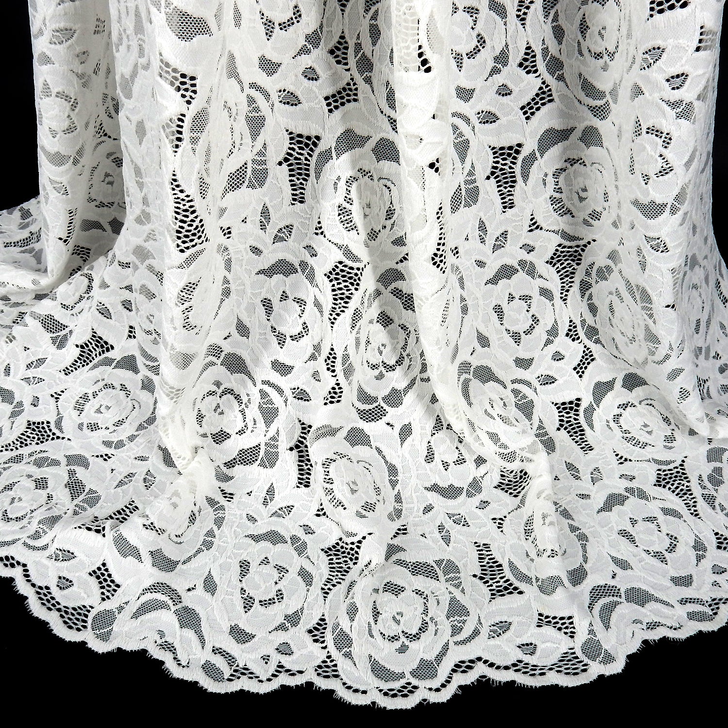 Embroidered Double Sided Border Stretch Klauber Lace Fabric 7395 Ivory