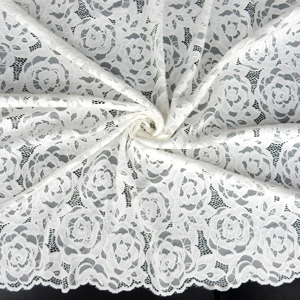 Embroidered Double Sided Border Stretch Lace Fabric 7395 Ivory