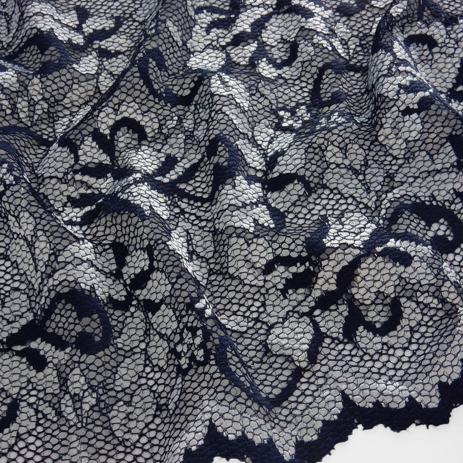 Embroidered Double Sided Border Stretch Klauber Lace Fabric 7638 Navy/Silver
