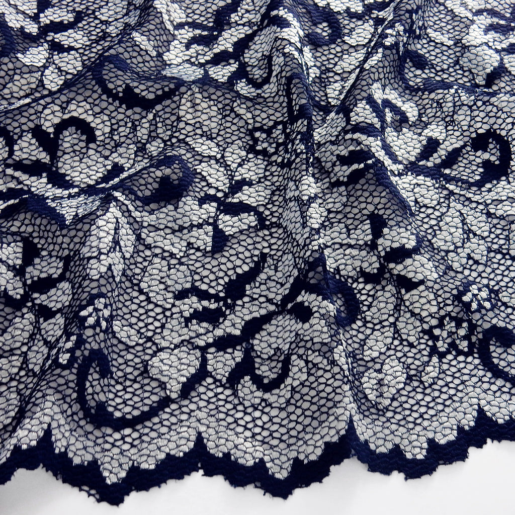 Embroidered Double Sided Border Stretch Lace Fabric 7638 Navy/Silver