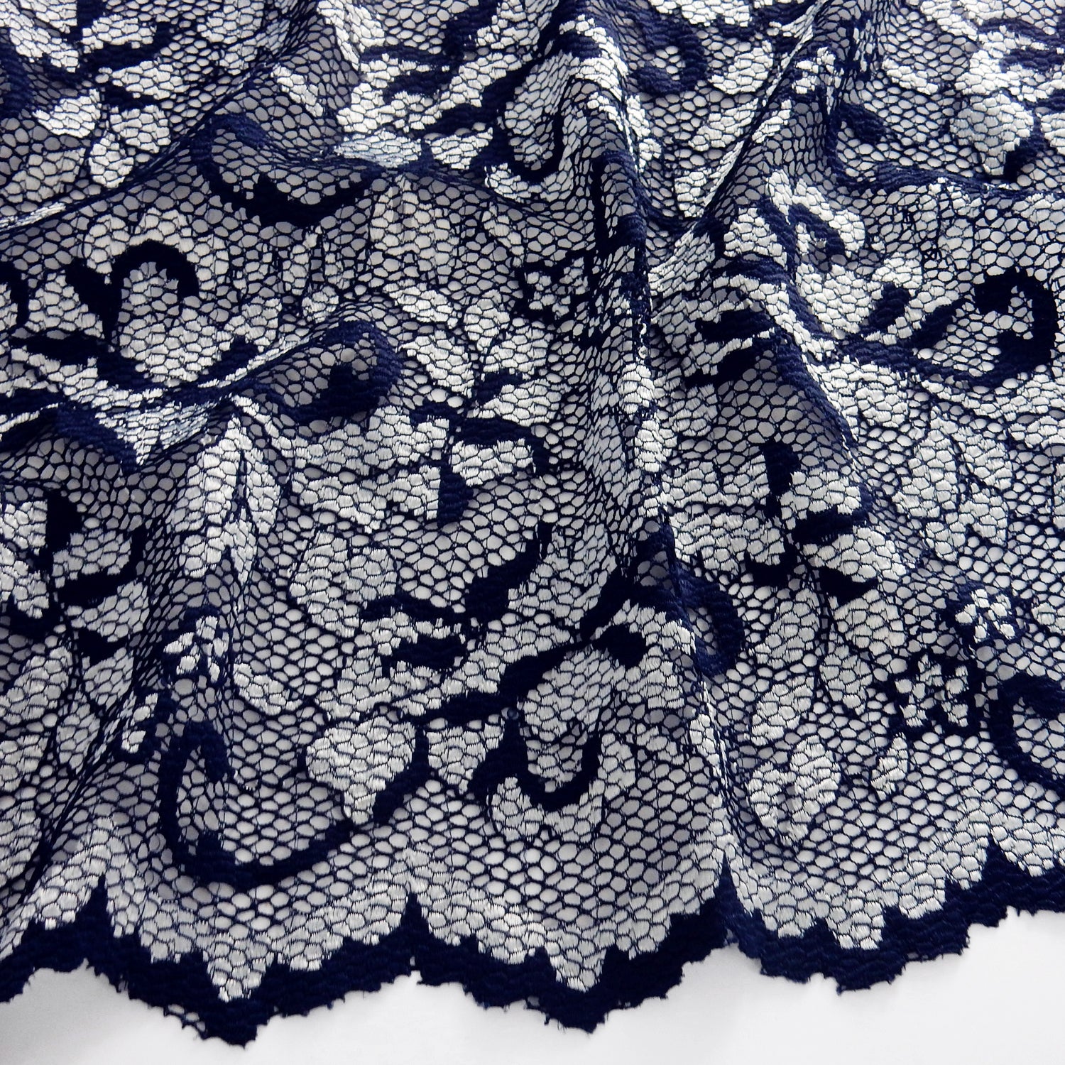 Embroidered Double Sided Border Stretch Klauber Lace Fabric 7638 Navy/Silver
