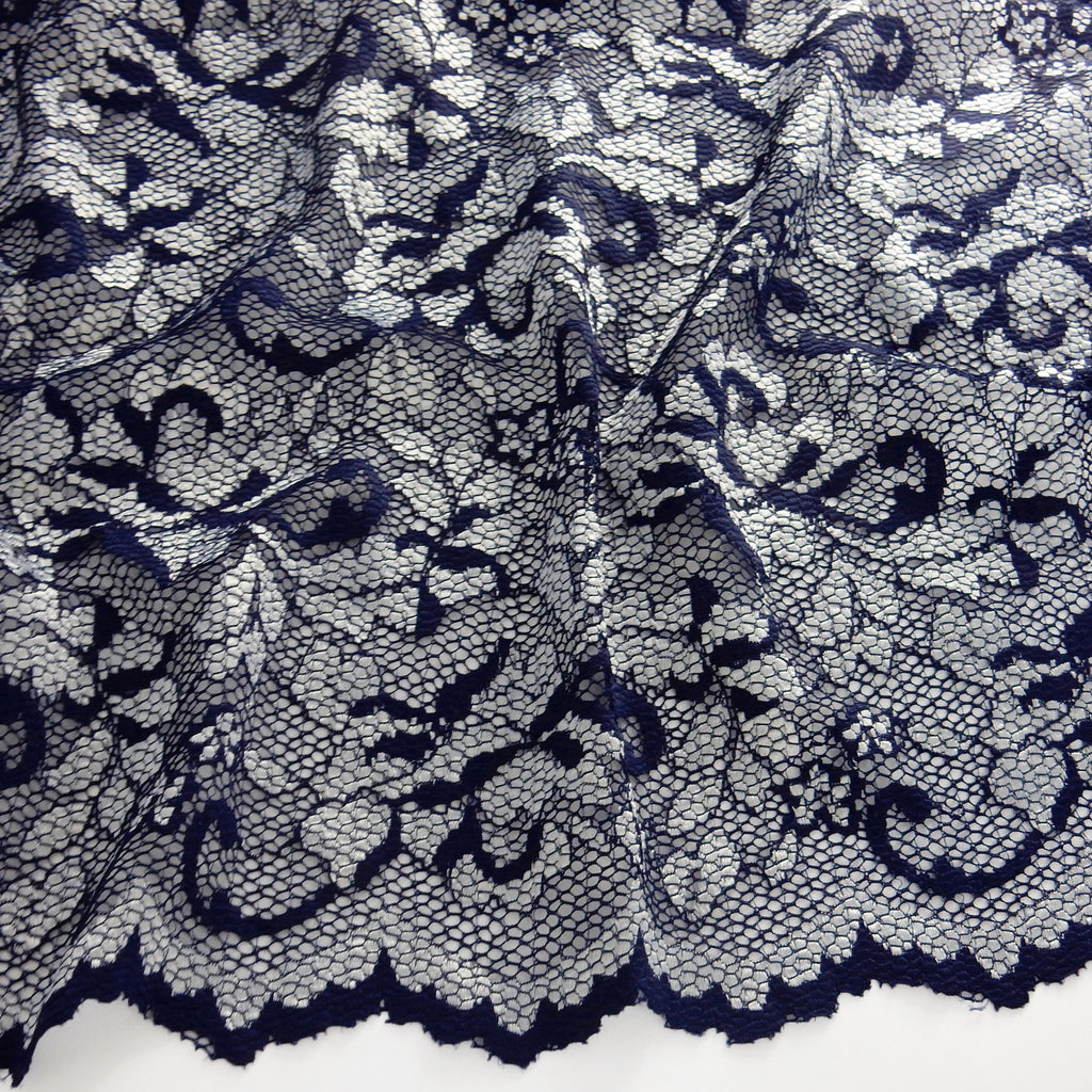 Embroidered Double Sided Border Stretch Lace Fabric 7638 Navy/Silver