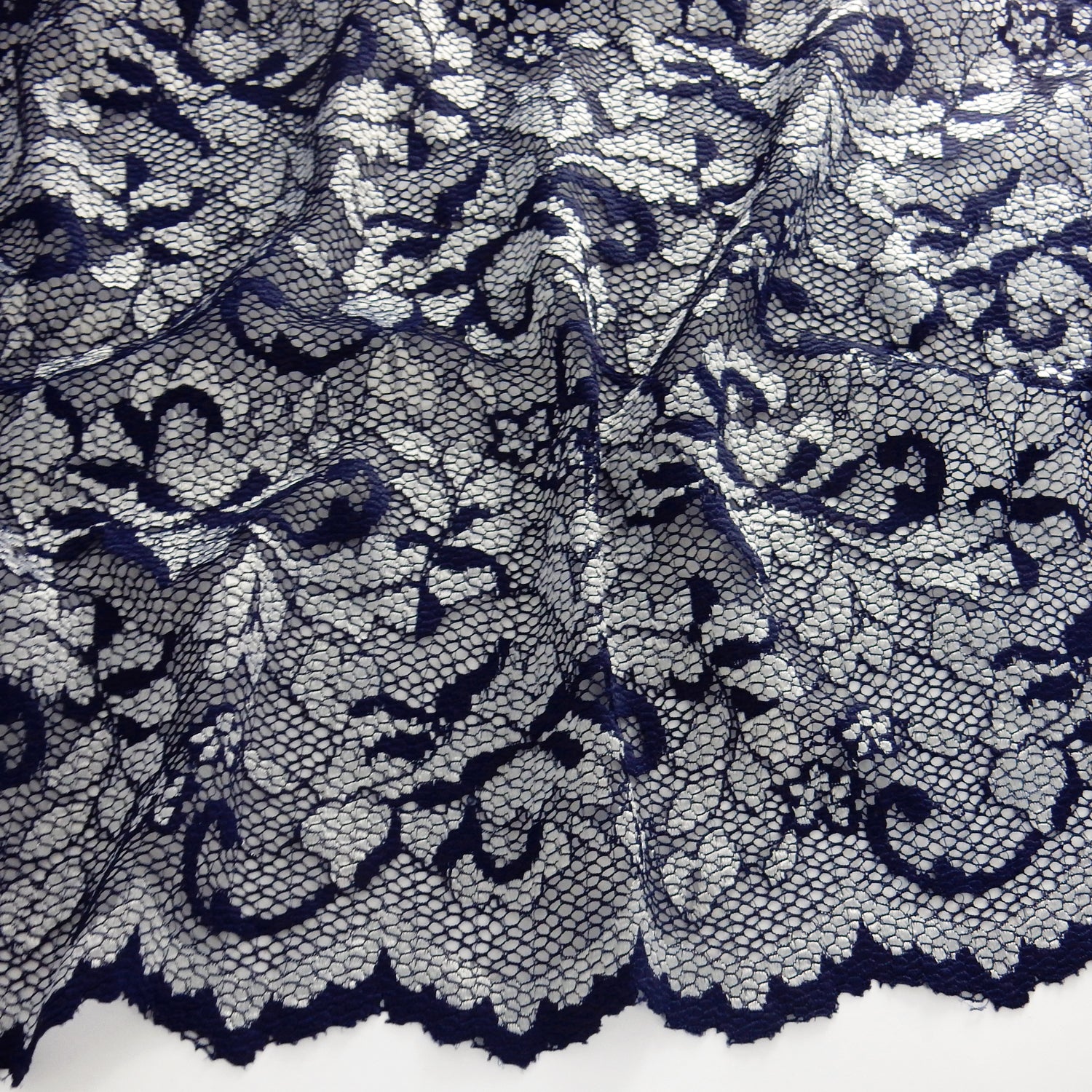 Embroidered Double Sided Border Stretch Klauber Lace Fabric 7638 Navy/Silver