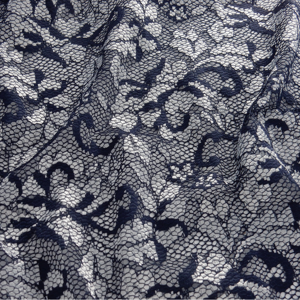 Embroidered Double Sided Border Stretch Lace Fabric 7638 Navy/Silver