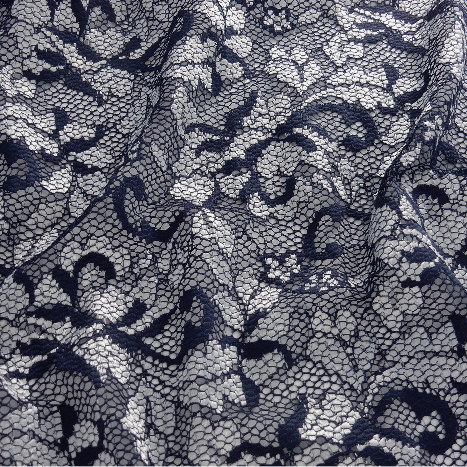 Embroidered Double Sided Border Stretch Klauber Lace Fabric 7638 Navy/Silver