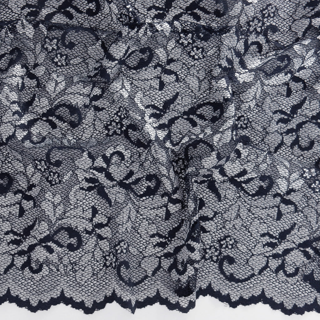 Embroidered Double Sided Border Stretch Lace Fabric 7638 Navy/Silver
