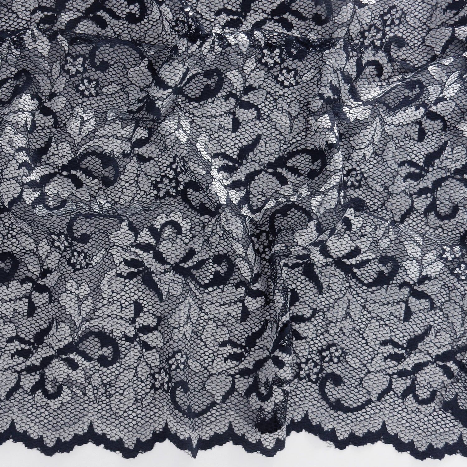 Embroidered Double Sided Border Stretch Klauber Lace Fabric 7638 Navy/Silver