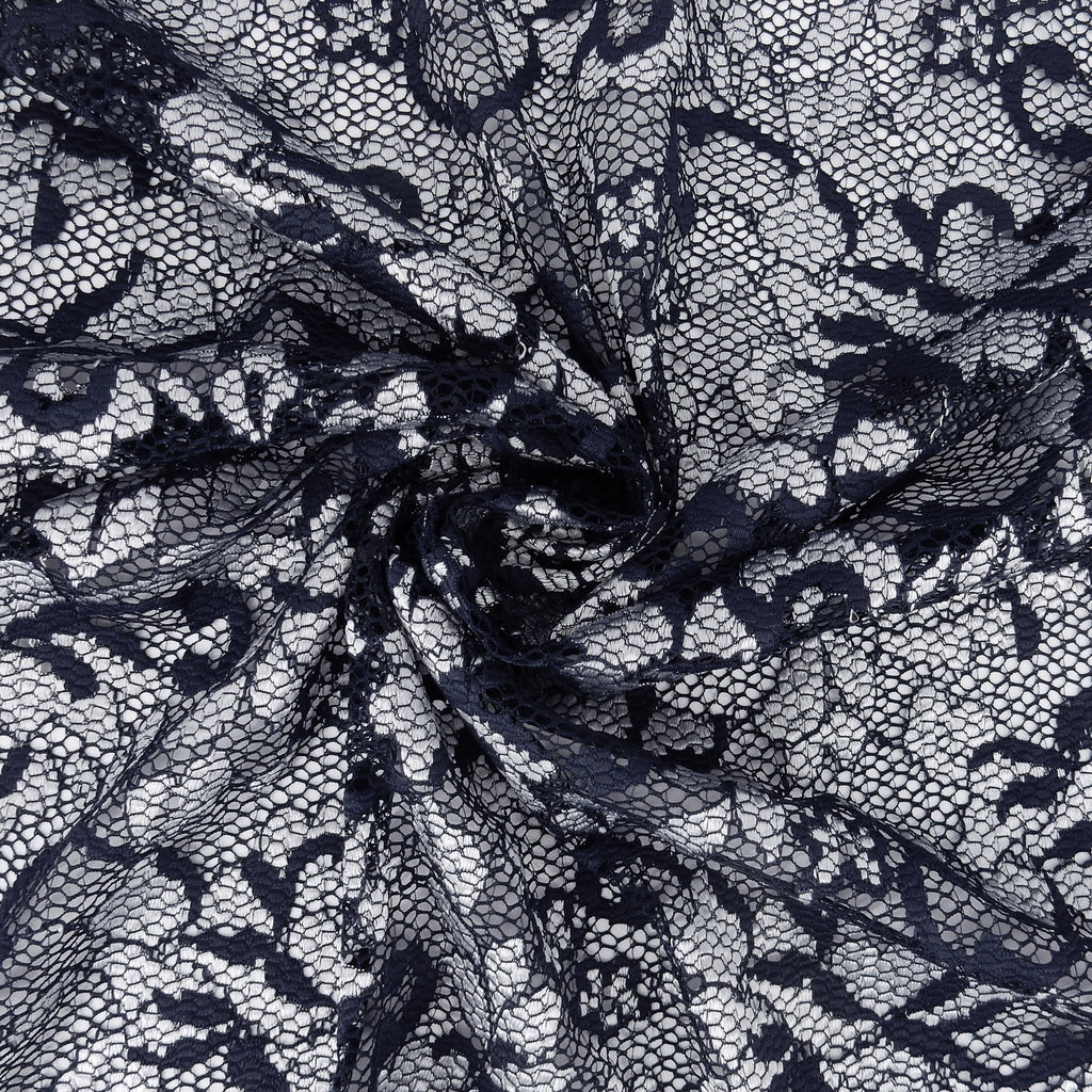 Embroidered Double Sided Border Stretch Lace Fabric 7638 Navy/Silver