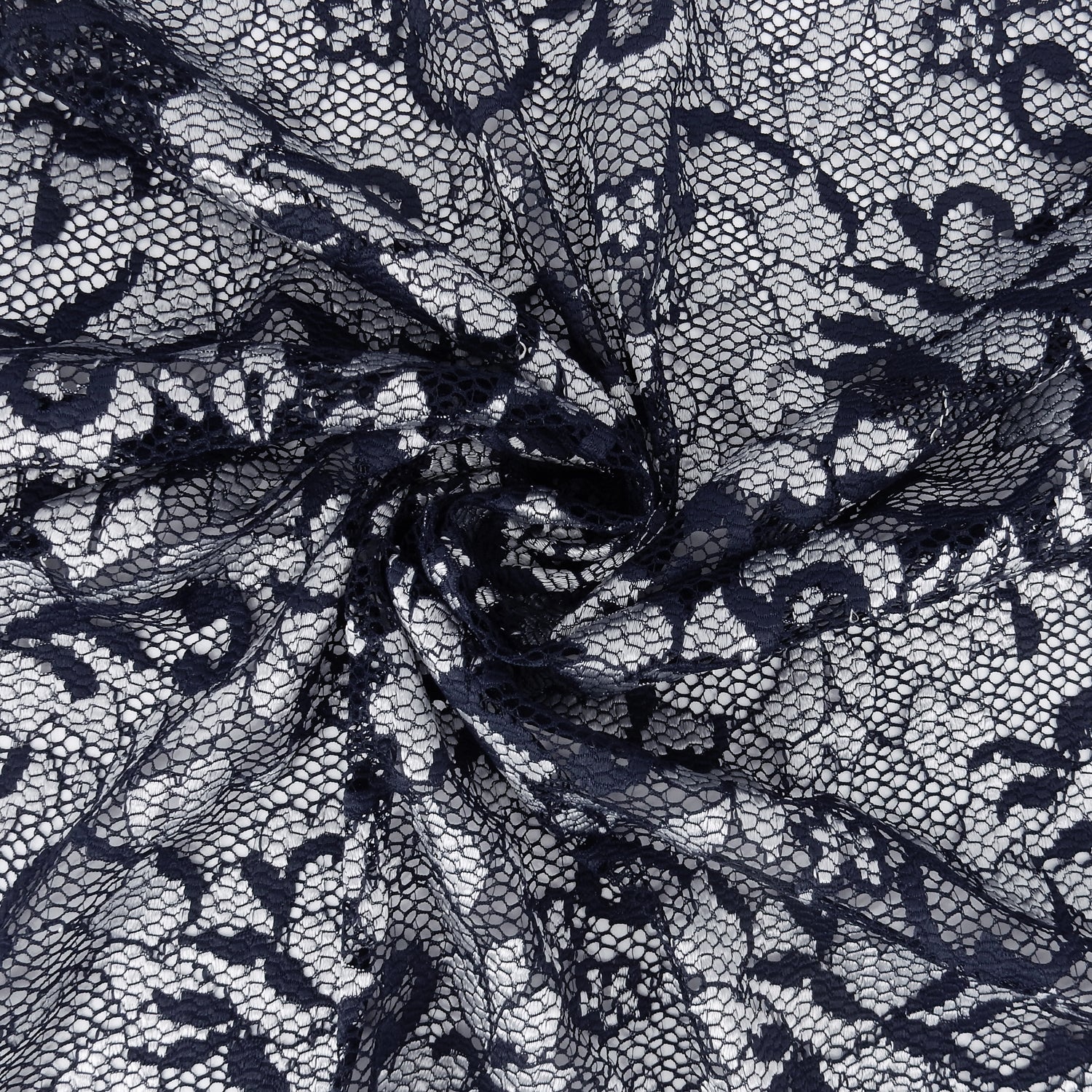 Embroidered Double Sided Border Stretch Klauber Lace Fabric 7638 Navy/Silver