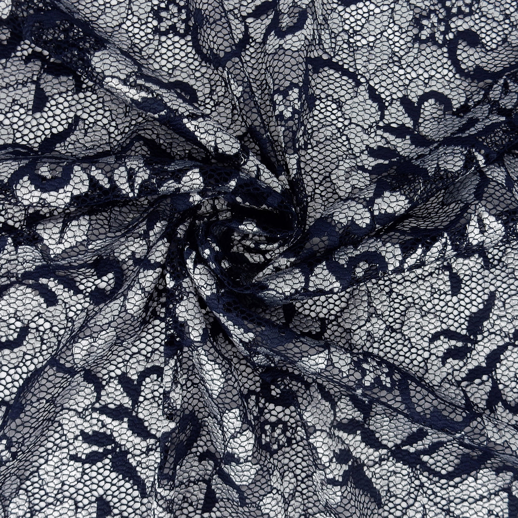 Embroidered Double Sided Border Stretch Lace Fabric 7638 Navy/Silver