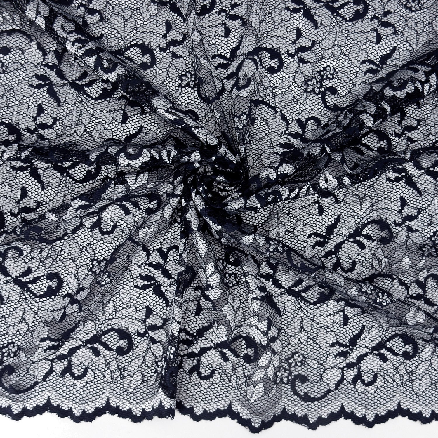 Embroidered Double Sided Border Stretch Klauber Lace Fabric 7638 Navy/Silver
