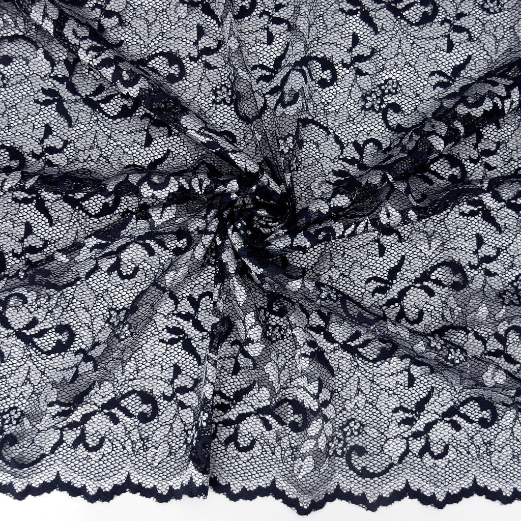 Embroidered Double Sided Border Stretch Lace Fabric 7638 Navy/Silver