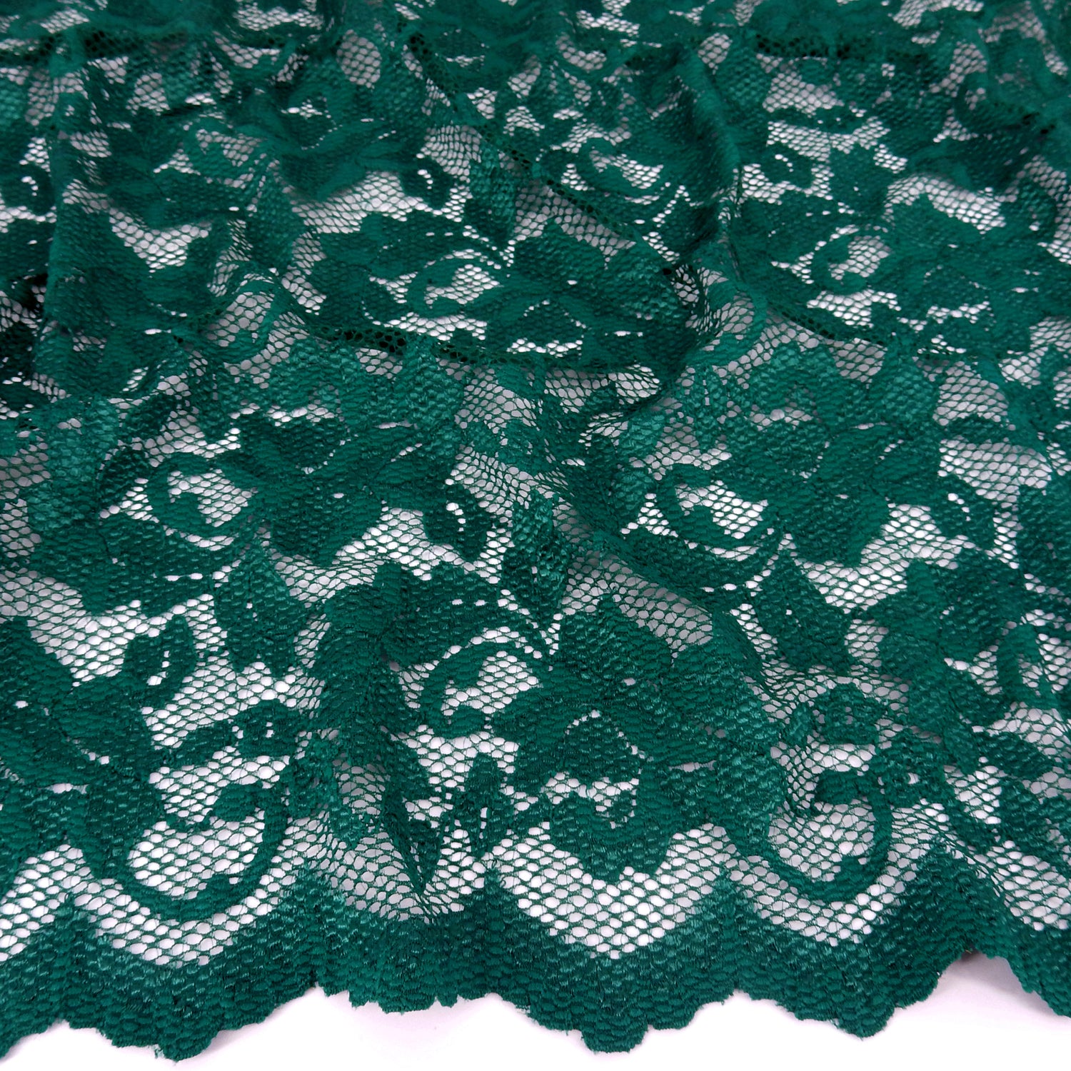Embroidered Double Sided Border Stretch Lace Fabric 7638 Emerald