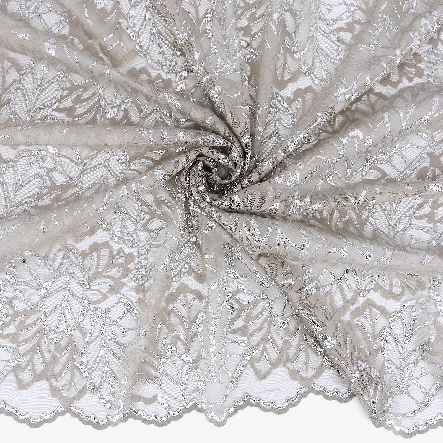 Double Sided Eyelash Scalloped Border Klauber Lace Fabric 9254 Sandstone/Silver
