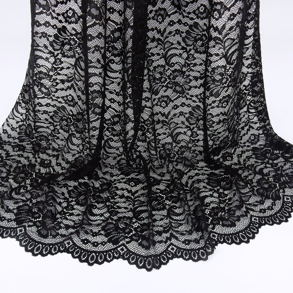 Double Sided Eyelash Border Stretch Mesh Lace Fabric 9492 Black