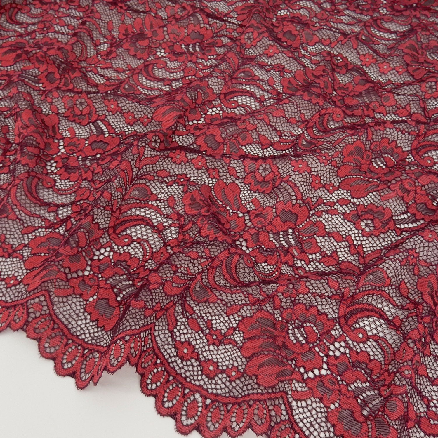 Double Eyelash Border Stretch Mesh Klauber Lace Fabric 9492 Fig/ Cherry Tomato
