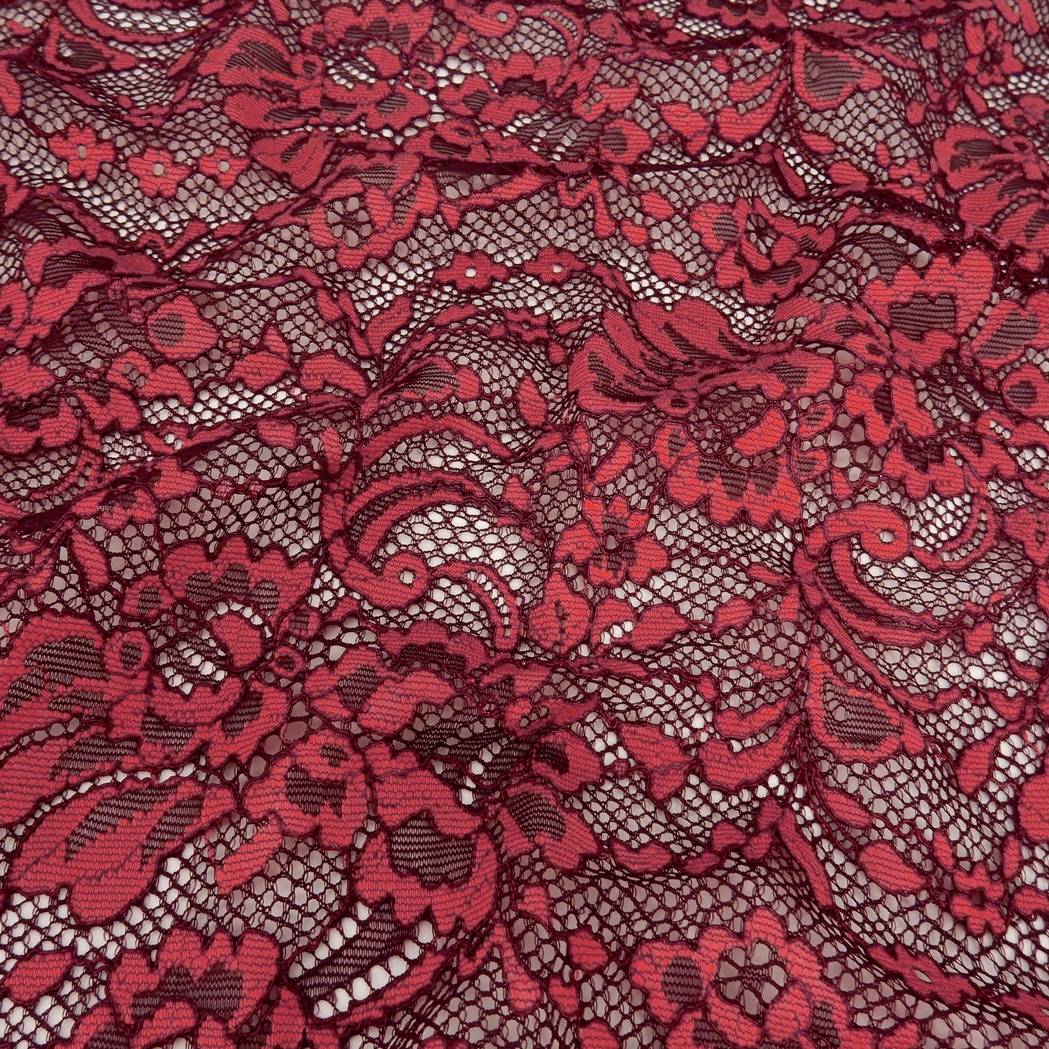 Double Eyelash Border Stretch Mesh Klauber Lace Fabric 9492 Fig/ Cherry Tomato