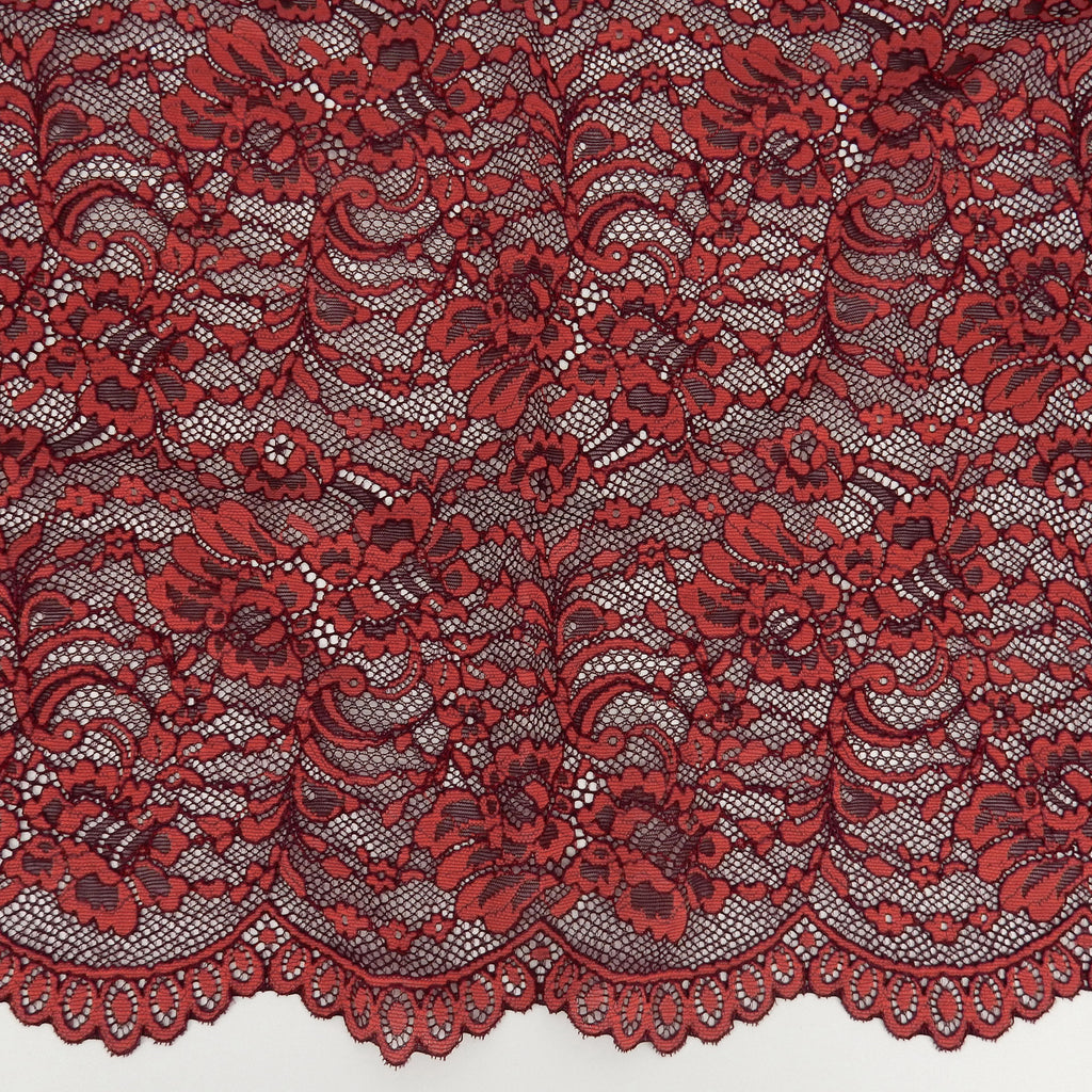 Double Sided Eyelash Border Stretch Mesh Lace Fabric 9492 Fig/ Cherry Tomato