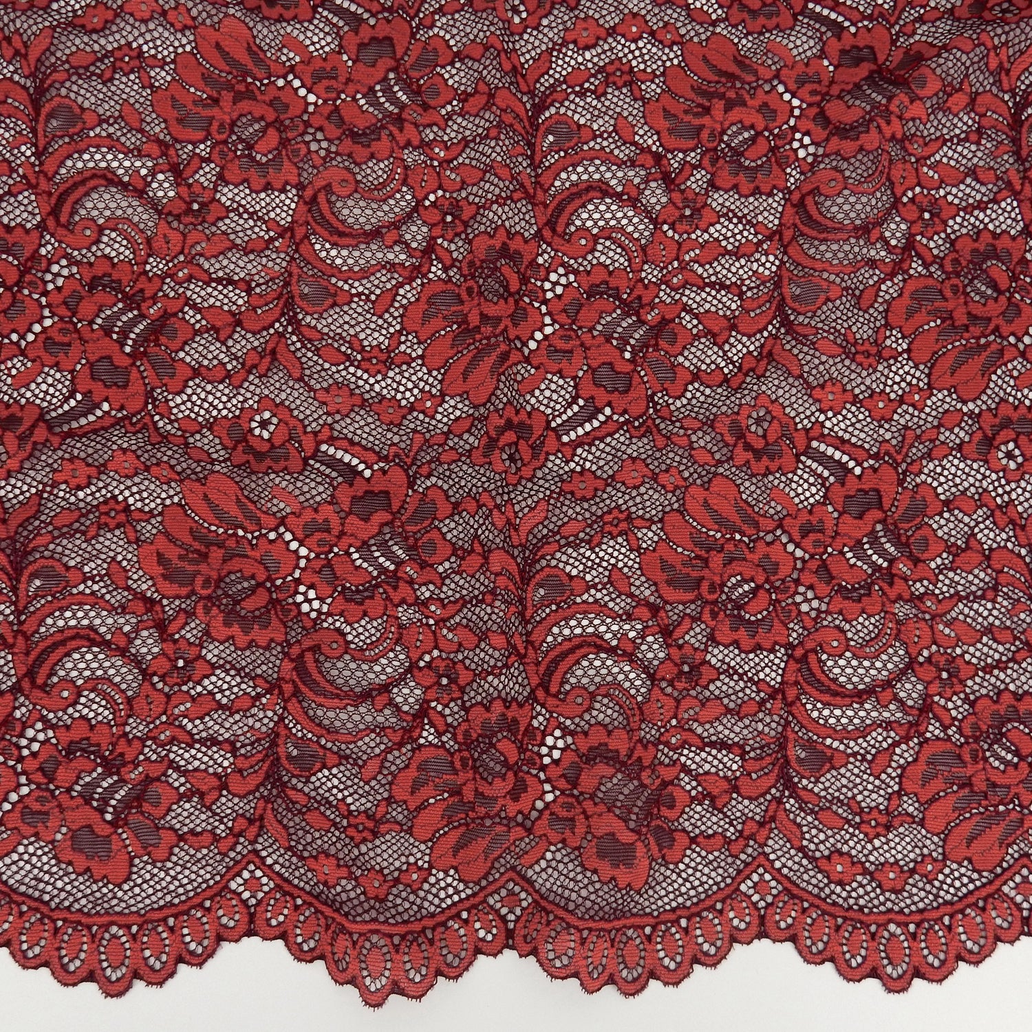 Double Sided Eyelash Border Stretch Mesh Lace Fabric 9492 Fig/ Cherry Tomato