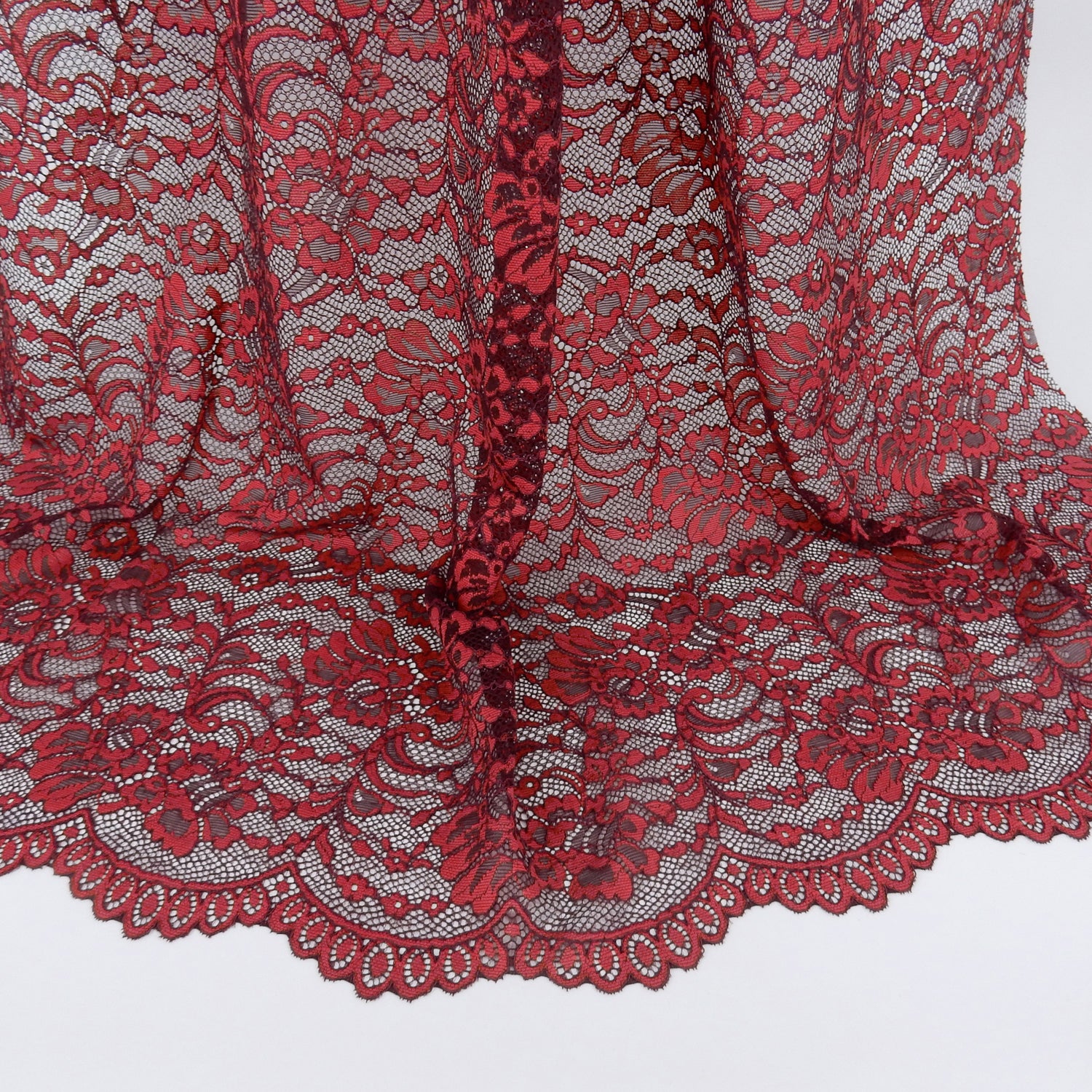 Double Eyelash Border Stretch Mesh Klauber Lace Fabric 9492 Fig/ Cherry Tomato