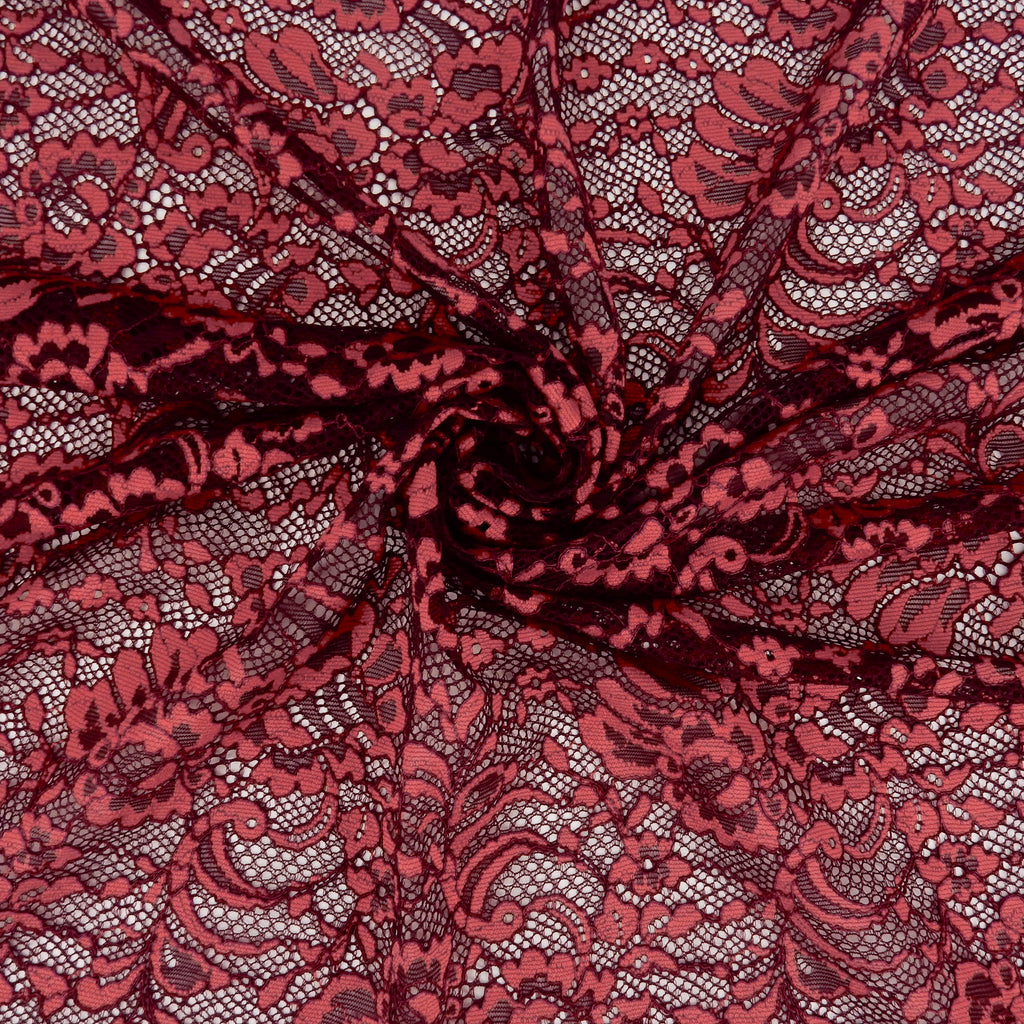 Double Sided Eyelash Border Stretch Mesh Lace Fabric 9492 Fig/ Cherry Tomato