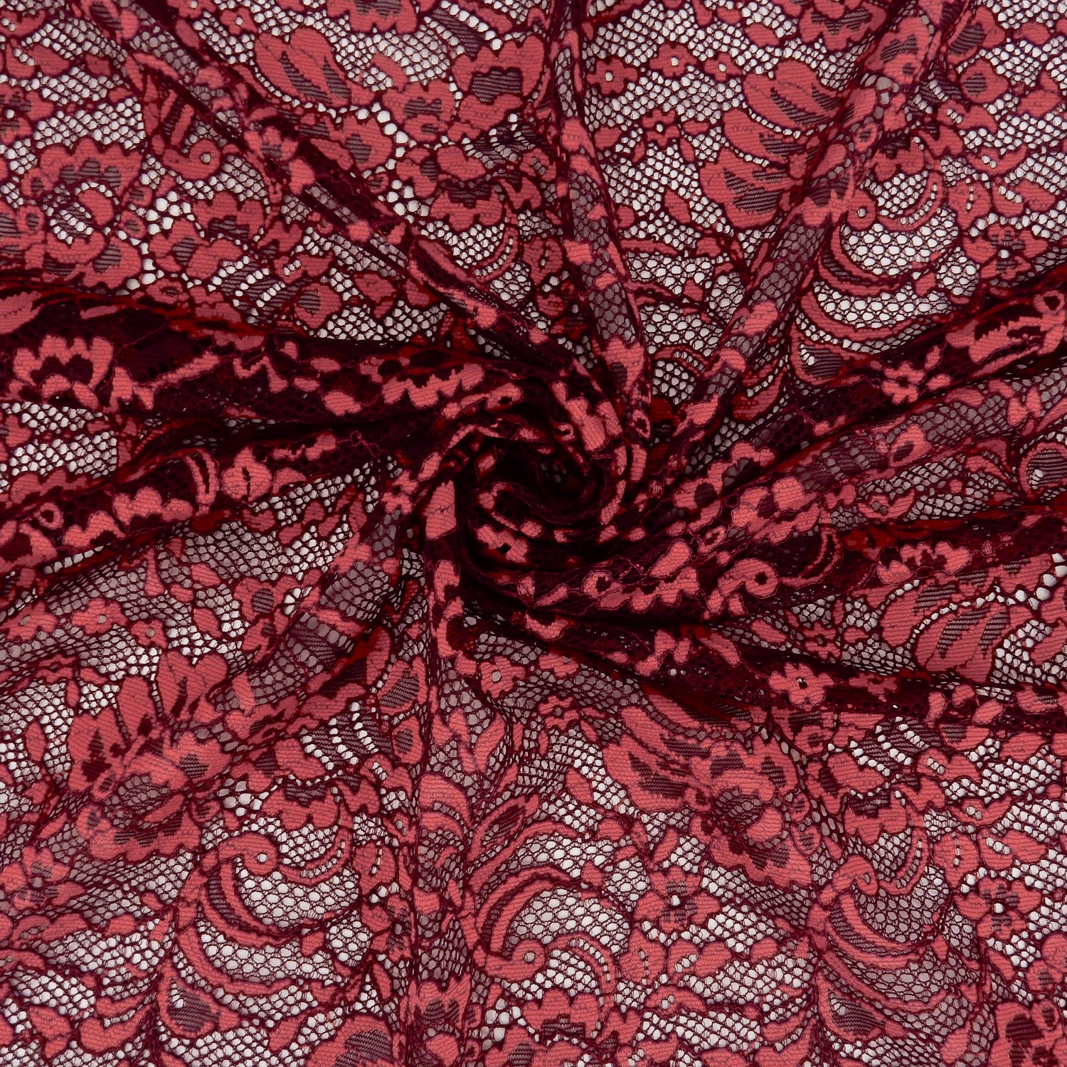 Double Eyelash Border Stretch Mesh Klauber Lace Fabric 9492 Fig/ Cherry Tomato