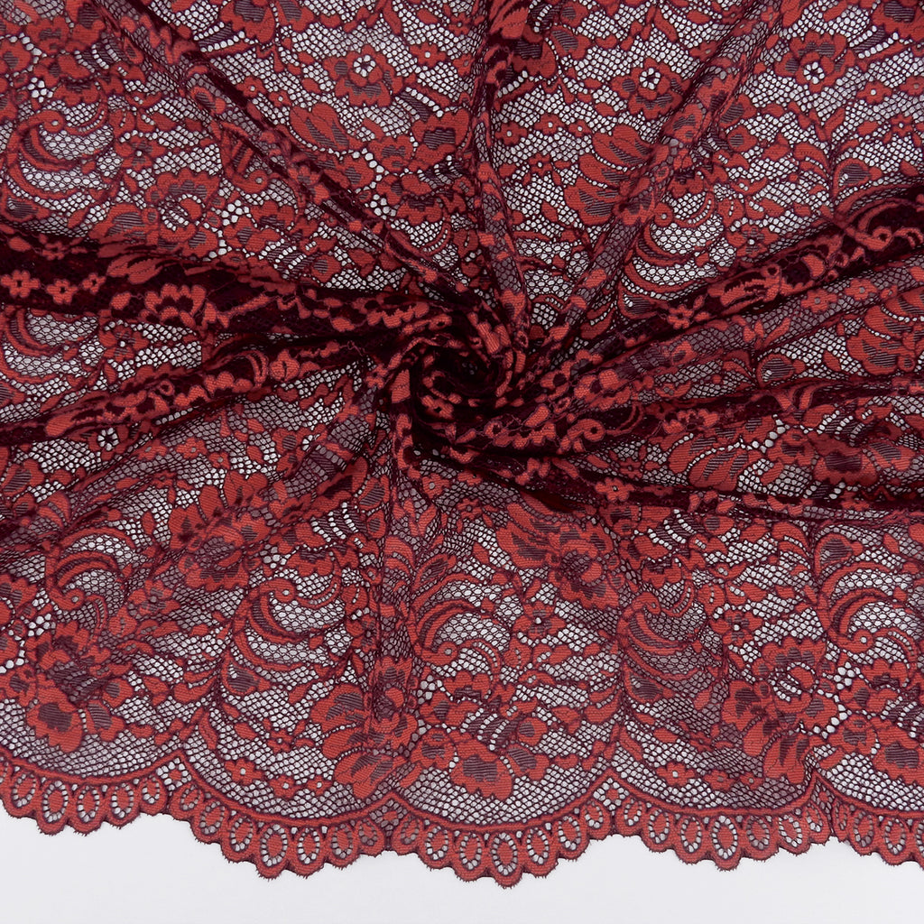 Double Sided Eyelash Border Stretch Mesh Lace Fabric 9492 Fig/ Cherry Tomato