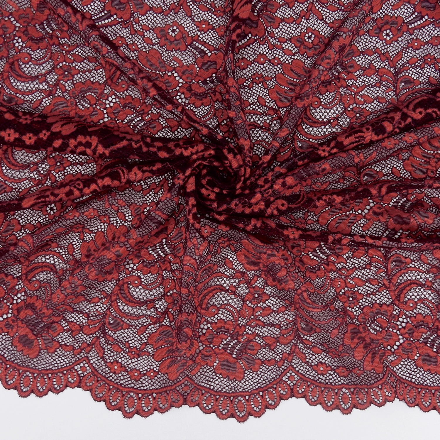 Double Eyelash Border Stretch Mesh Klauber Lace Fabric 9492 Fig/ Cherry Tomato