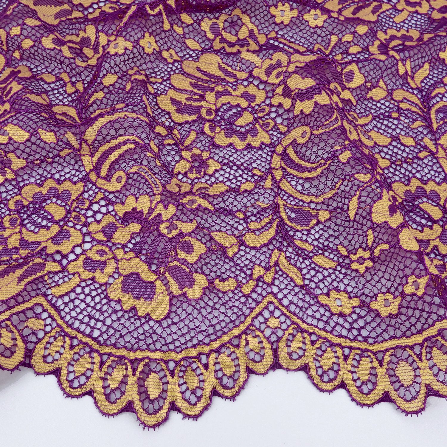 Double Sided Eyelash Border Stretch Mesh Lace Fabric 9492 Sparkling Grape/ Iced Popp