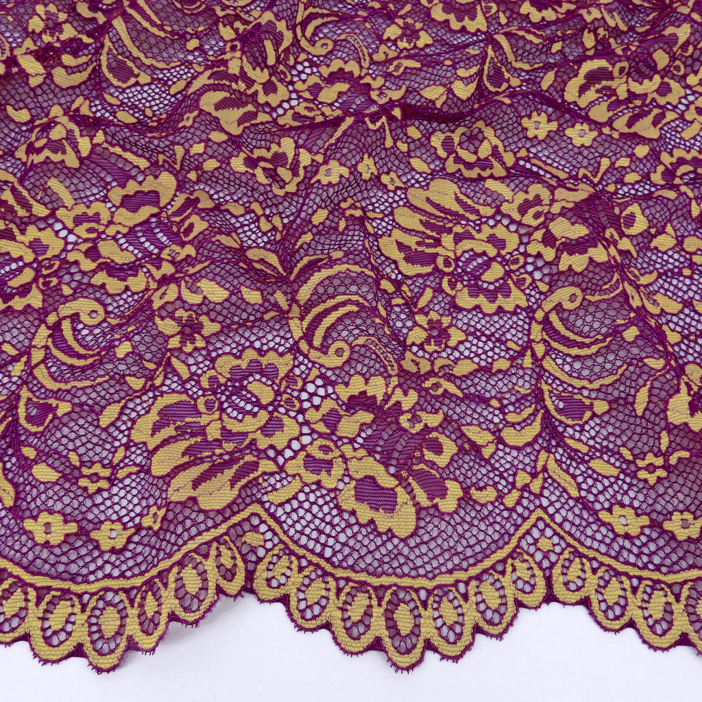 Double Sided Eyelash Border Stretch Mesh Lace Fabric 9492 Sparkling Grape/ Iced Popp