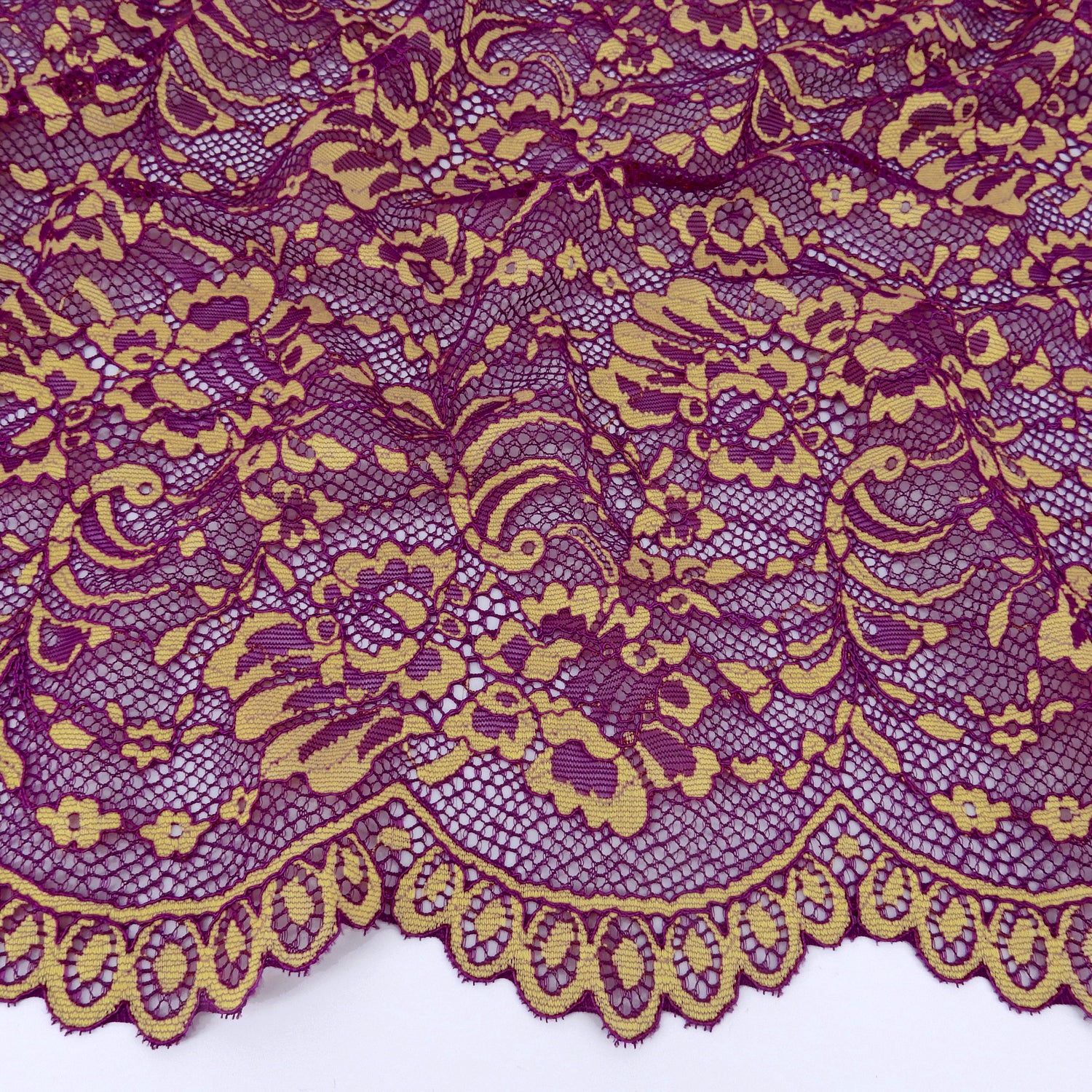 Double Sided Eyelash Border Stretch Mesh Lace Fabric 9492 Sparkling Grape/ Iced Popp