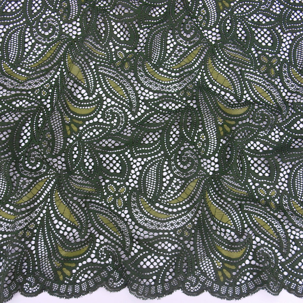 Double Sided Border Stretch Lace Fabric 9772 Deep Forest/Sweet Pea