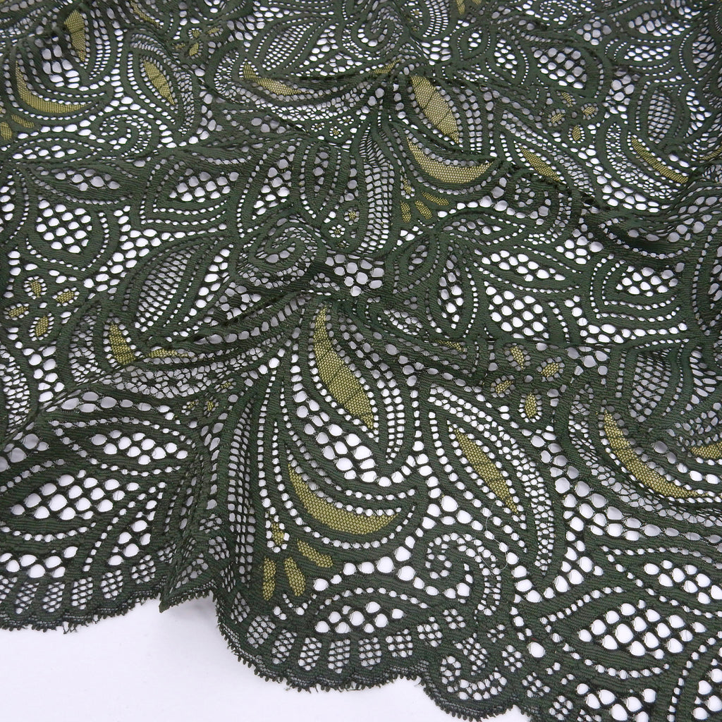 Double Sided Border Stretch Lace Fabric 9772 Deep Forest/Sweet Pea