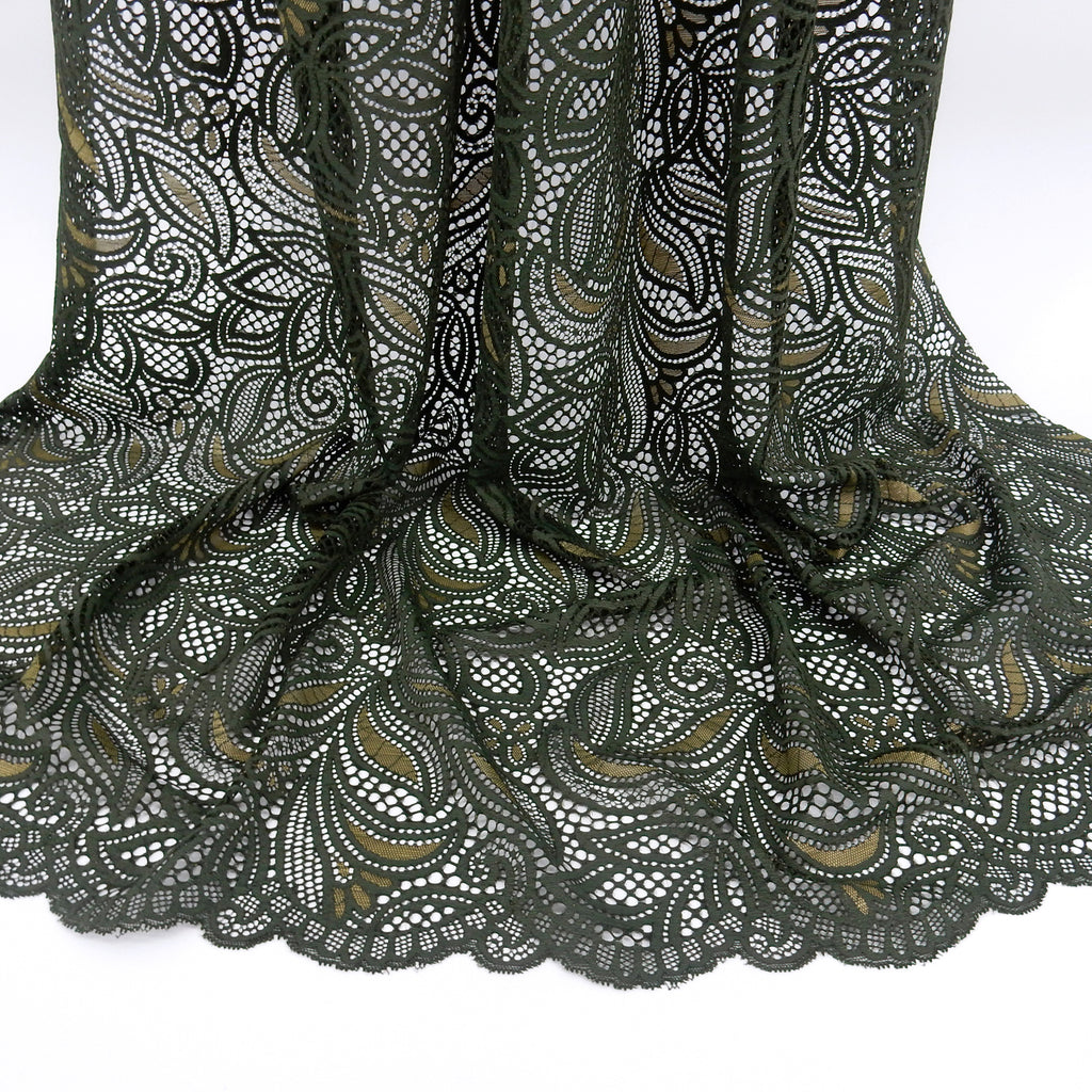 Double Sided Border Stretch Lace Fabric 9772 Deep Forest/Sweet Pea