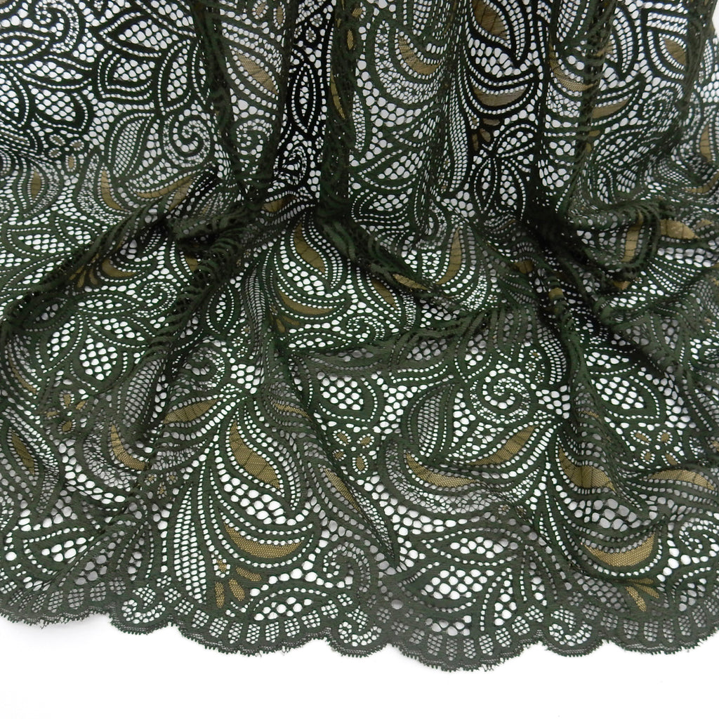Double Sided Border Stretch Lace Fabric 9772 Deep Forest/Sweet Pea