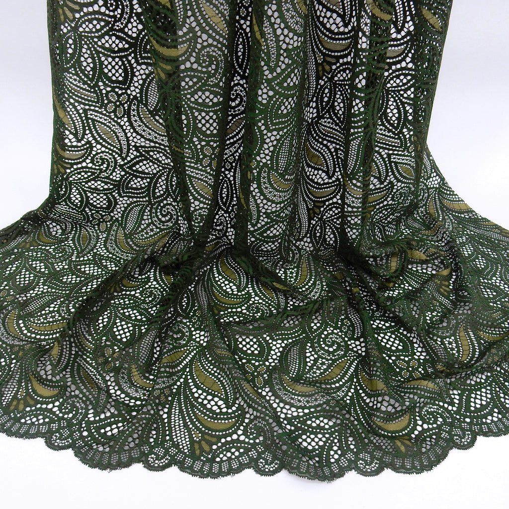 Double Sided Border Stretch Lace Fabric 9772 Deep Forest/Sweet Pea
