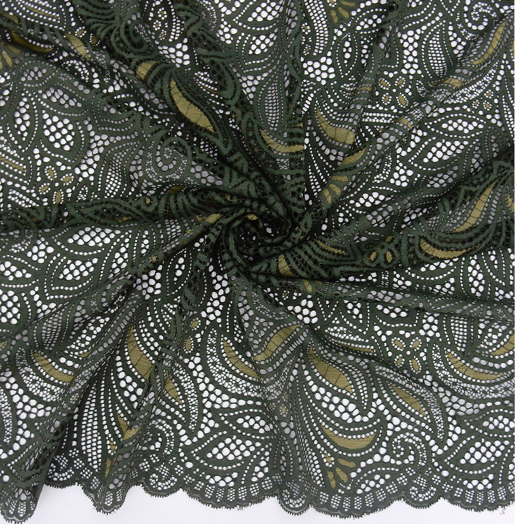 Double Sided Border Stretch Lace Fabric 9772 Deep Forest/Sweet Pea