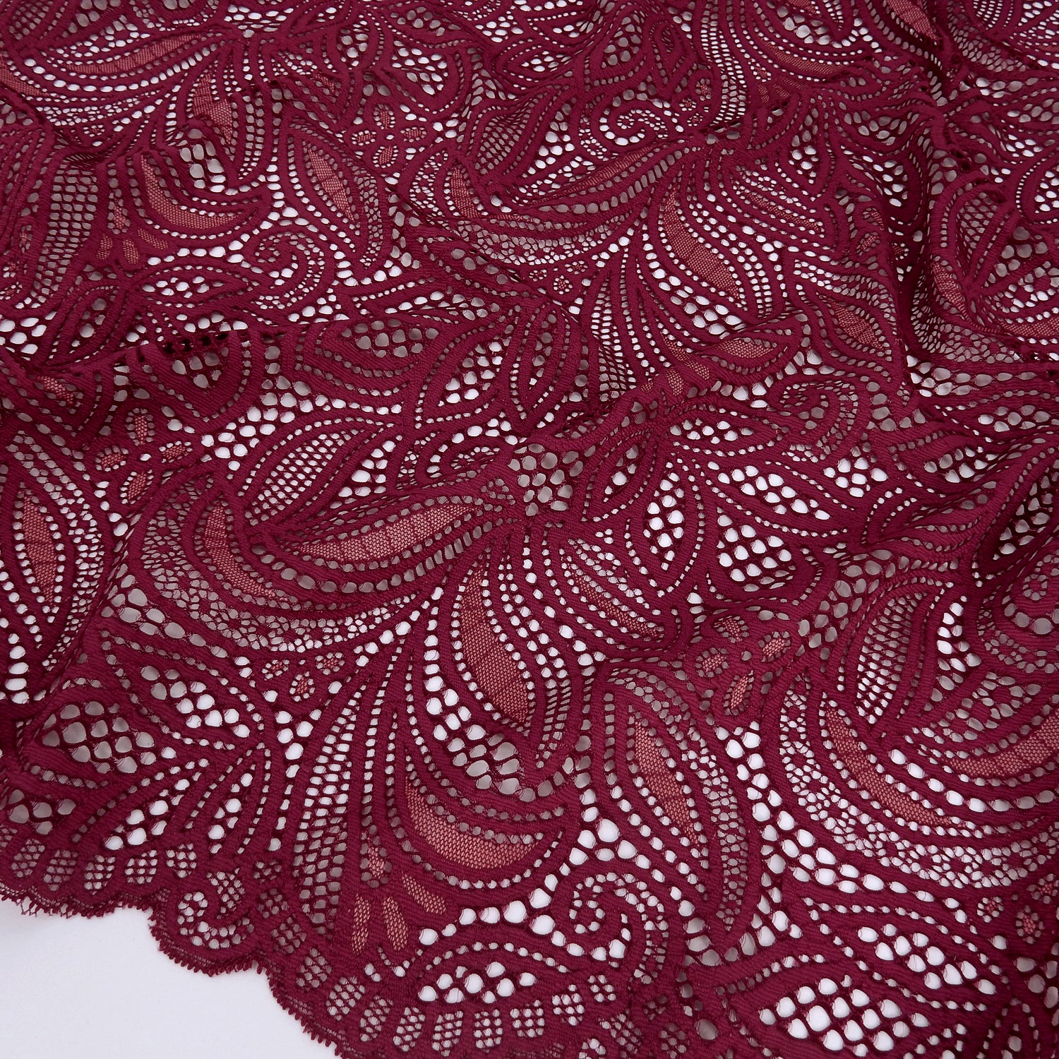 Double Sided Border Stretch Klauber Lace Fabric 9772 Red Plum/Terra Cotta