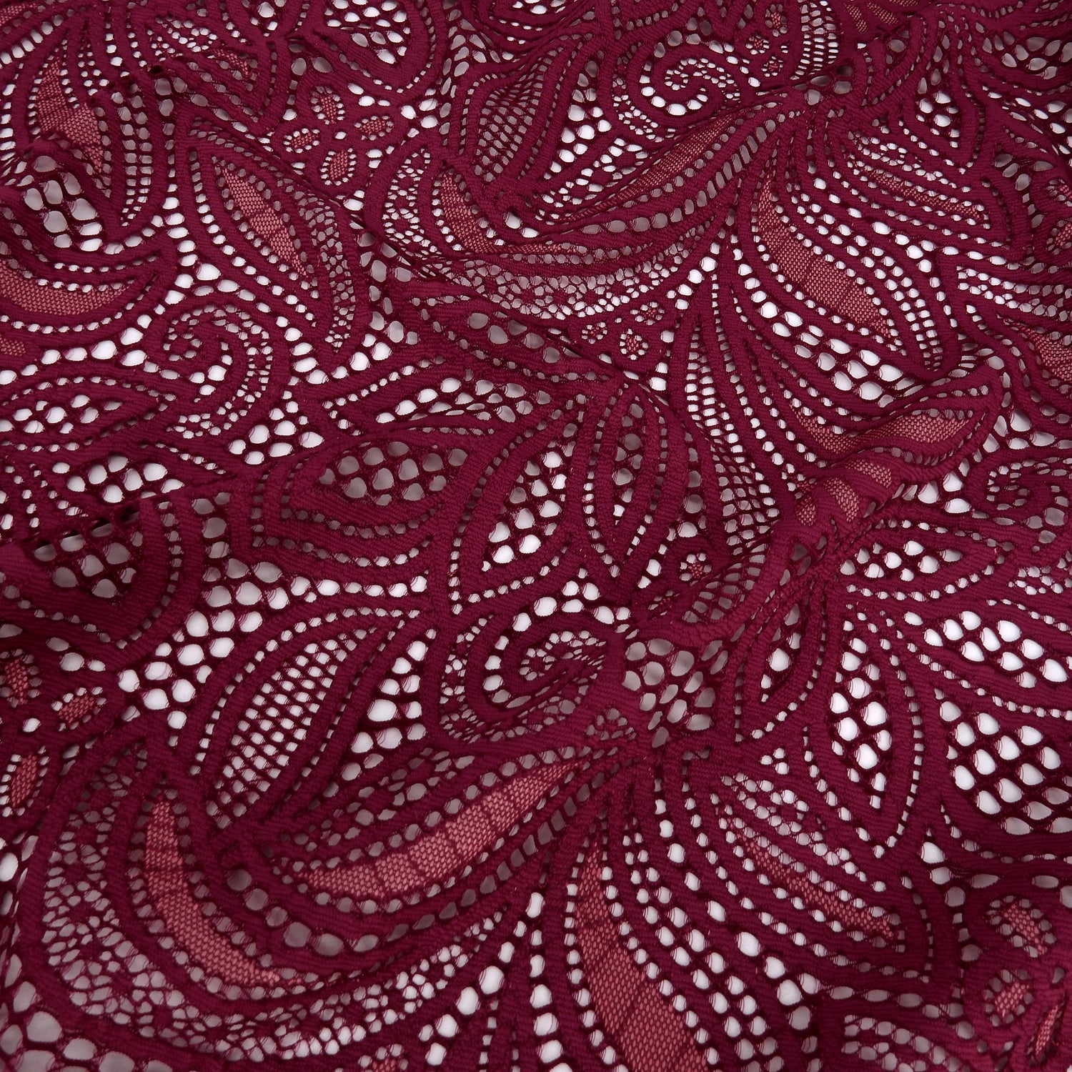 Double Sided Border Stretch Klauber Lace Fabric 9772 Red Plum/Terra Cotta