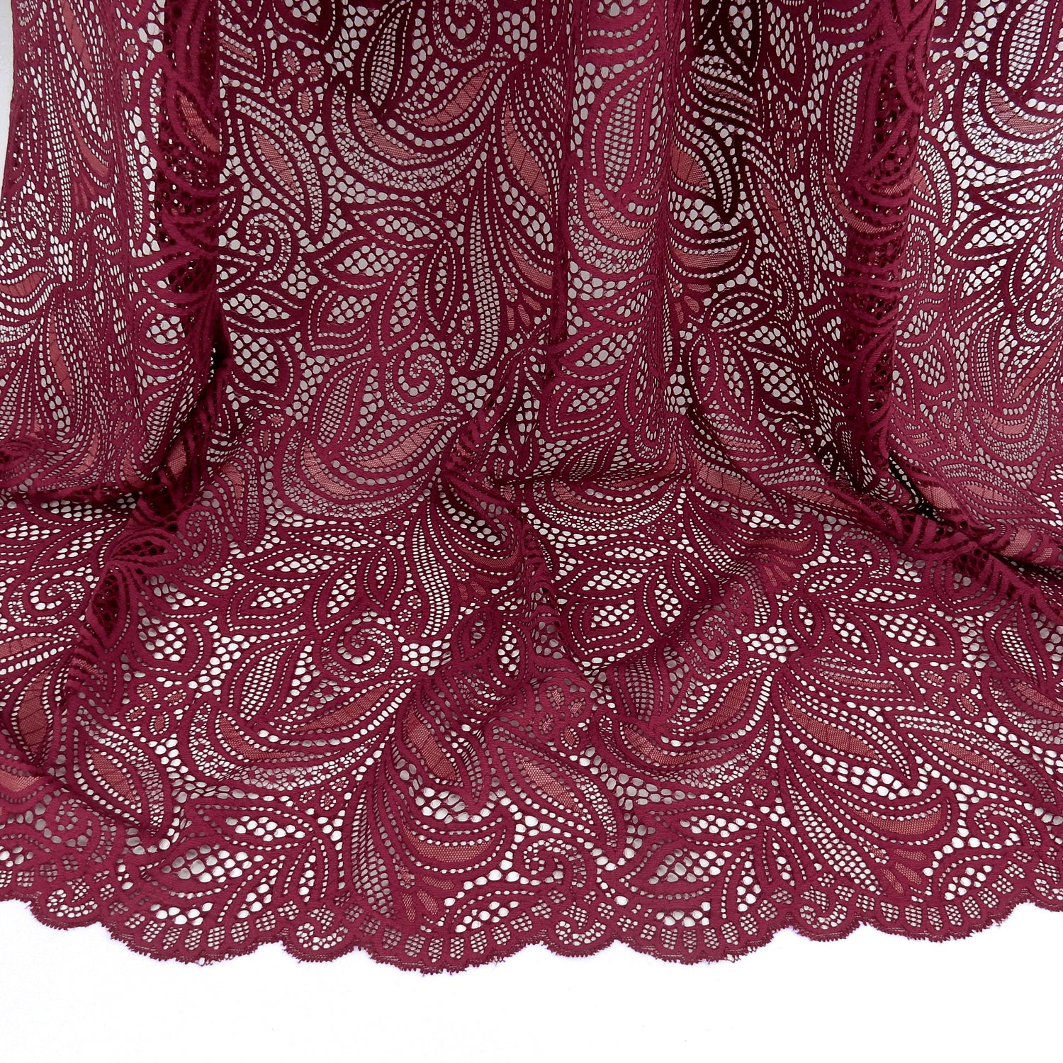 Double Sided Border Stretch Klauber Lace Fabric 9772 Red Plum/Terra Cotta