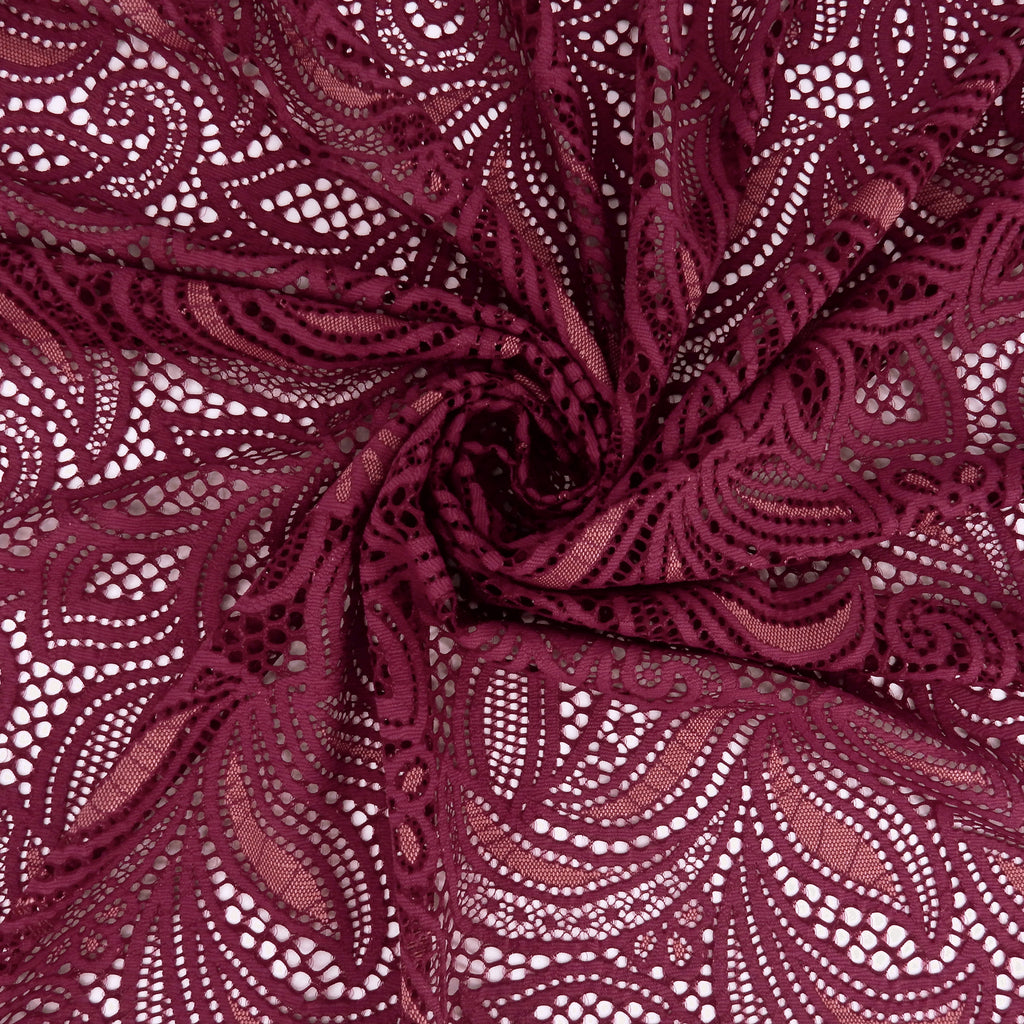 Double Sided Border Stretch Lace Fabric 9772 Red Plum/Terra Cotta
